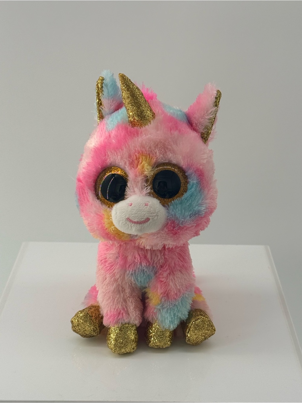 Ty Pink Multicolor Plush Unicorn Cat Toy with Gold Accents